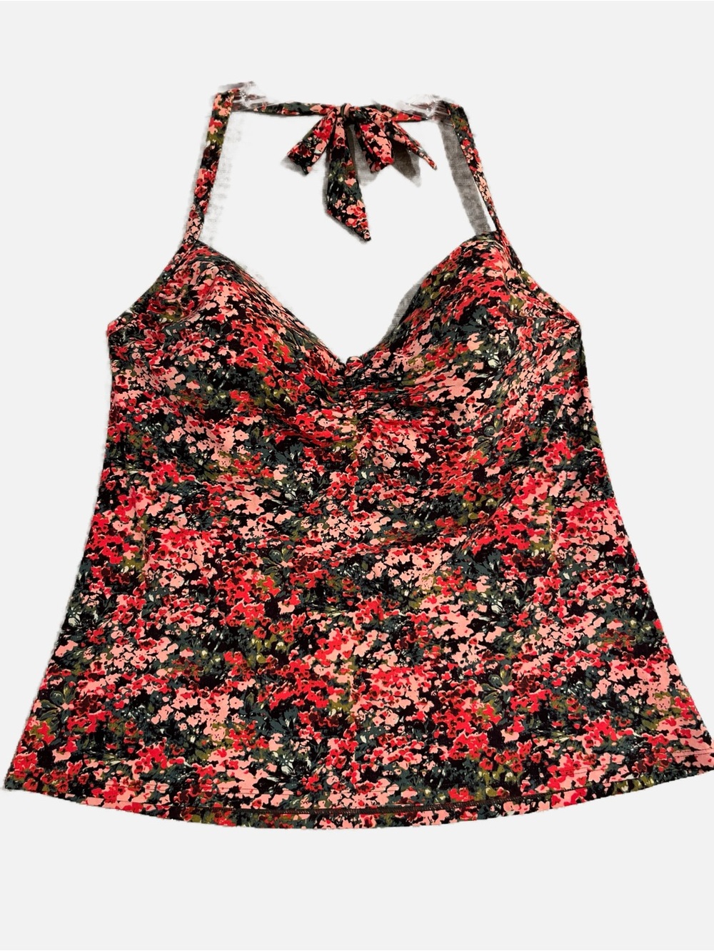 Lands' End Floral Halter Tankini Swim Top - Coral, Peach, Green & Black 16D